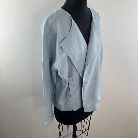 EILEEN FISHER Blue Drape Front Jacket Organic Linen Boxy Fit Size Medium M - Picture 4 of 8